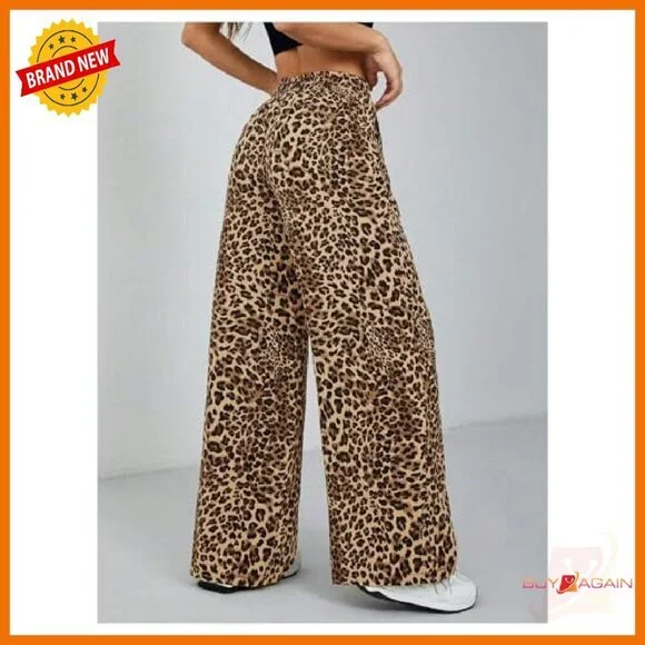 Women's High Waist Wide Leg Pants Elastic Waist Letter Patched Trousers - Picture 3 of 6